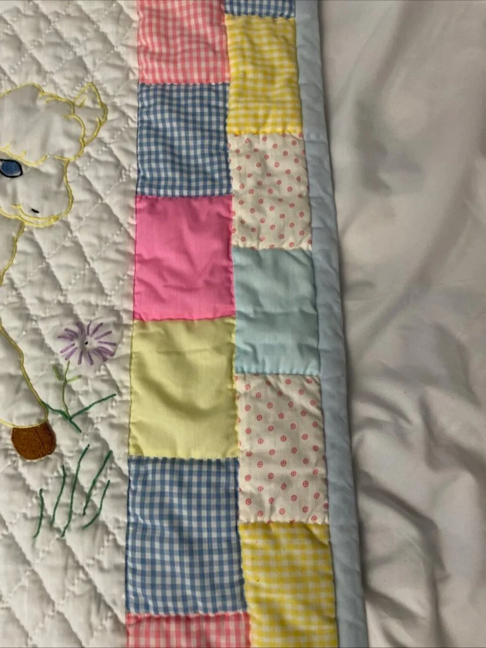 Baby Quilt Pink White Blue Yellow Hand Quilted Embroidered Animal Lamb 34x28”